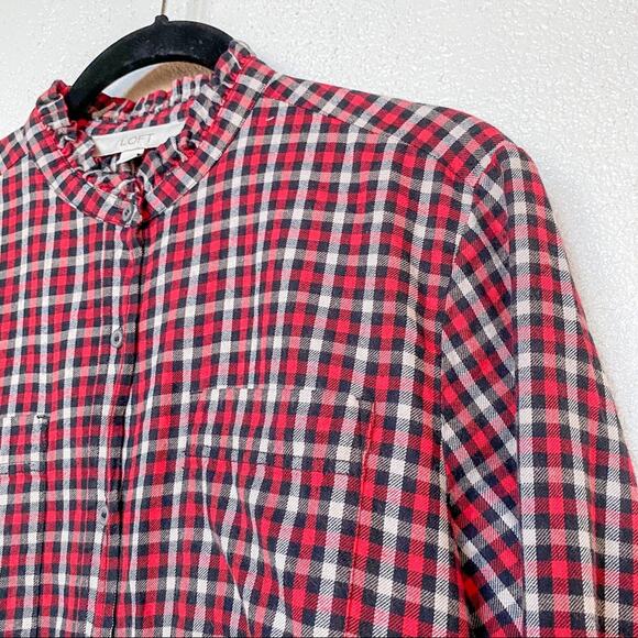 LOFT Red Plaid Ruffle Neck Button Down Top Size Medium - Picture 2 of 8
